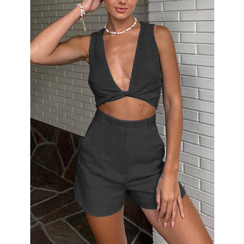 Commense Black Two-Piece Deep V Crop Top & High-Waist Shorts Set